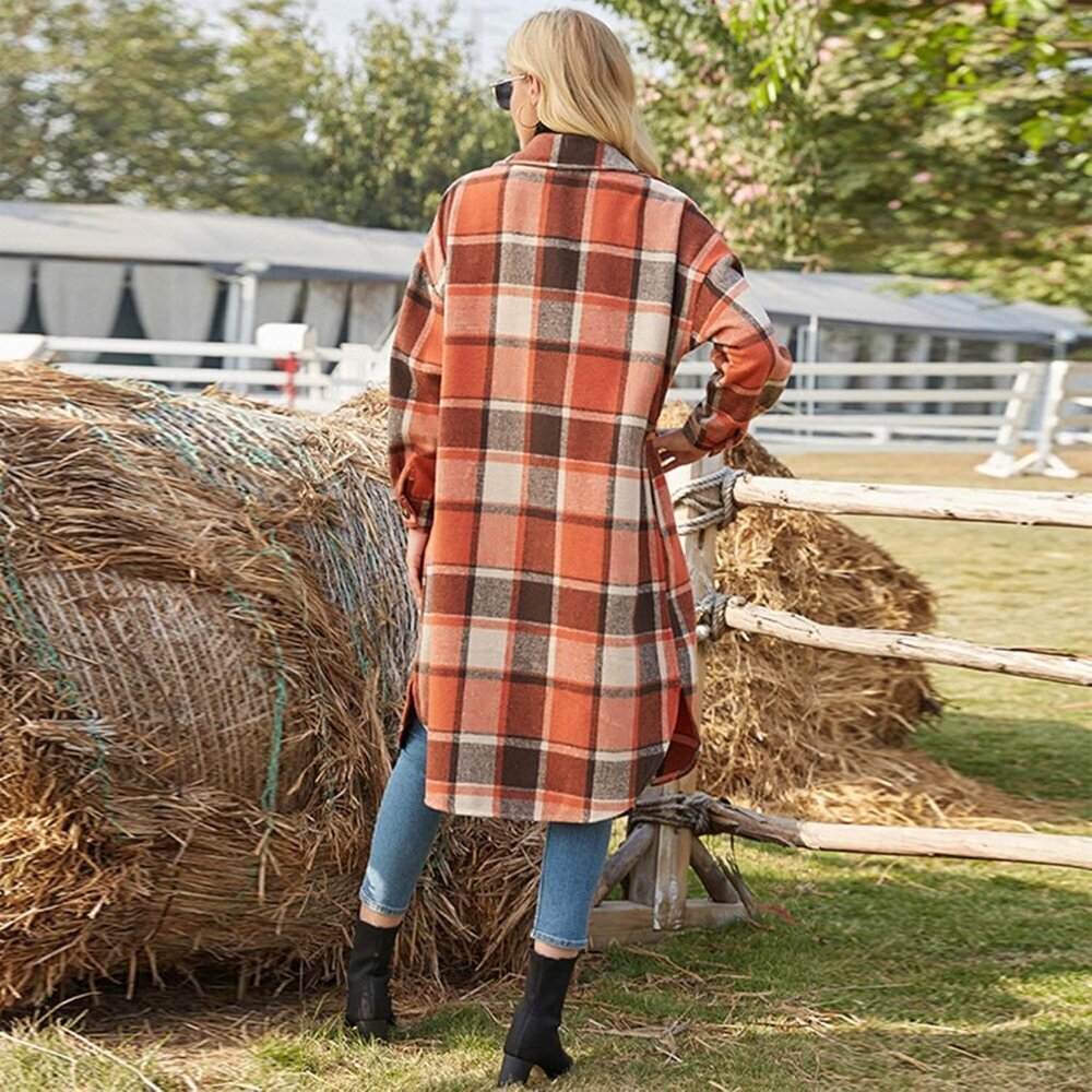 Women's Wool Blend Plaid Shirt Jacket Long Sleeve Casual Buttons Pockets - Picture 2 of 5